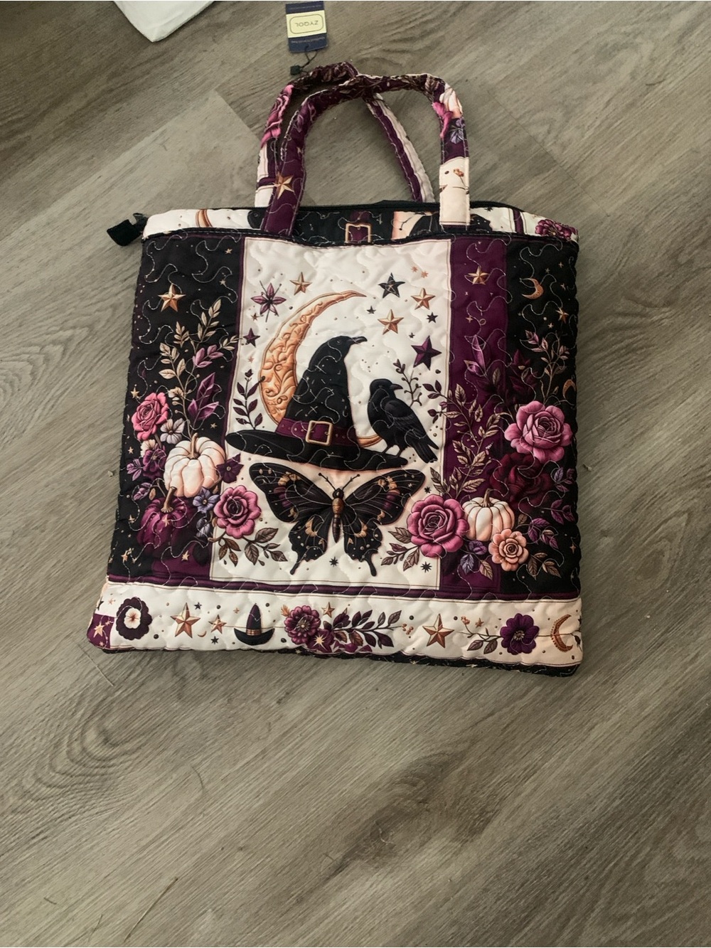 Quilted Floral & Raven Tote Bag - Purple and Cream